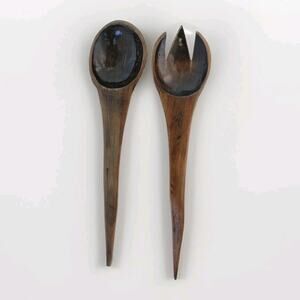 Vintage Mid Century Teak Salad Serving Spoon Fork Utensils Teakwood Handcrafted